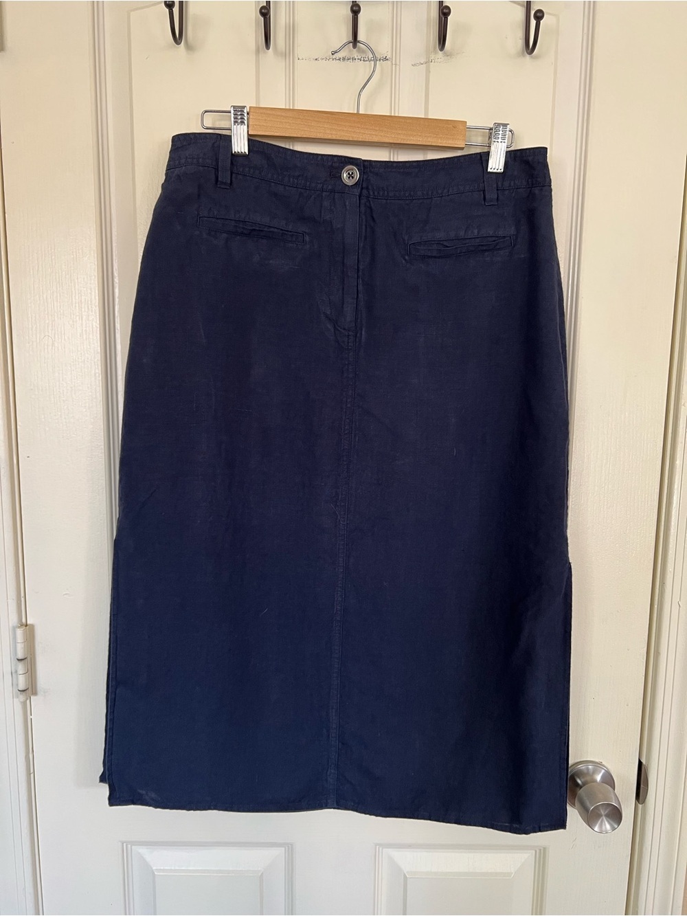 Talbots Petite 100% Linen Navy Midi Skirt Size 12P Classic Career